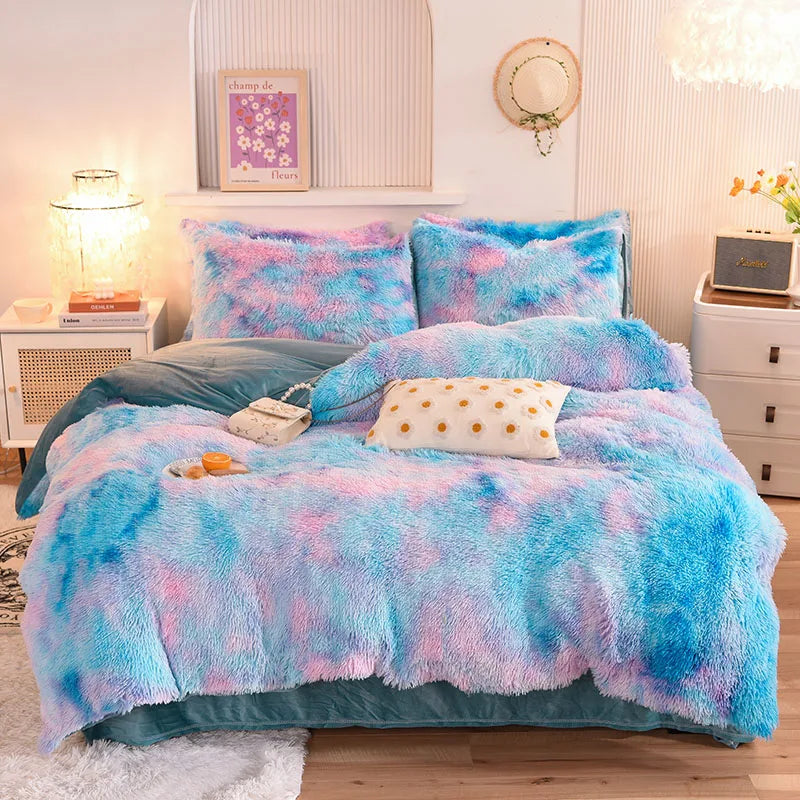 3Pcs Super Shaggy Coral Fleece Warm Cozy Princess Bedding Set Mink Velvet Duvet Cover Set Bed Comforter Cover Blanket Pillowcase