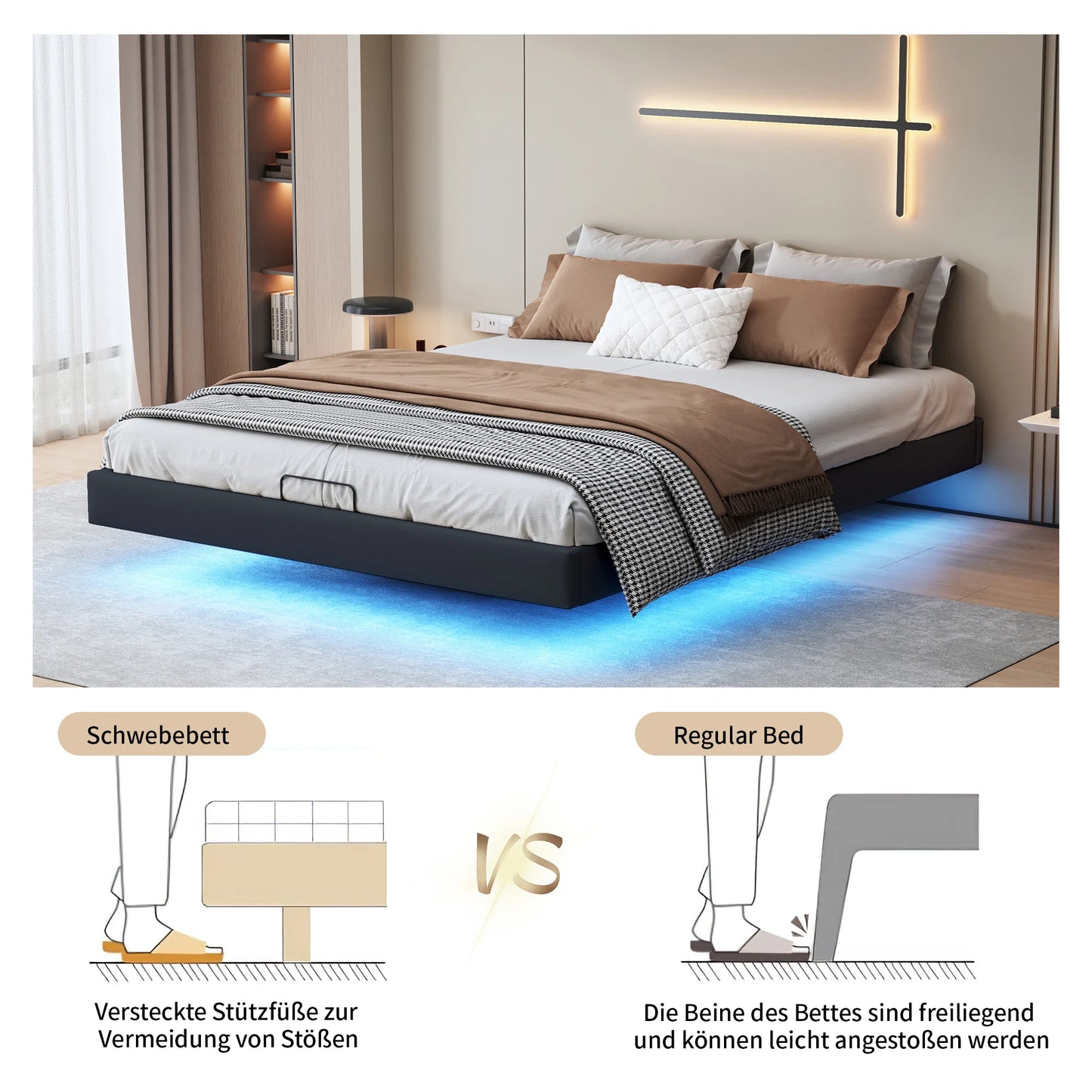 Lazyspace 160 x 200 cm großes Doppelbett mit Stauraum, schwebendes Bett ohne Kopfteil, Unterbett mit LED-Leuchten, schwarzes PU, ohne Matratze