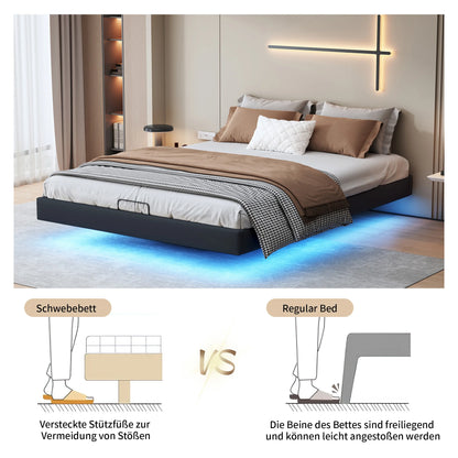 Lazyspace 160 x 200 cm großes Doppelbett mit Stauraum, schwebendes Bett ohne Kopfteil, Unterbett mit LED-Leuchten, schwarzes PU, ohne Matratze