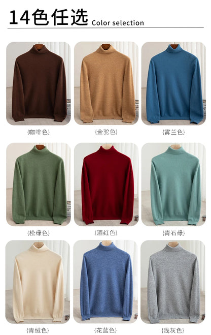 Men 100% Merino Wool Sweater Turtleneck Knitted Pullover Cashmere Warm Solid Color Clothes Business Bottoming Tops Autumn Winter.