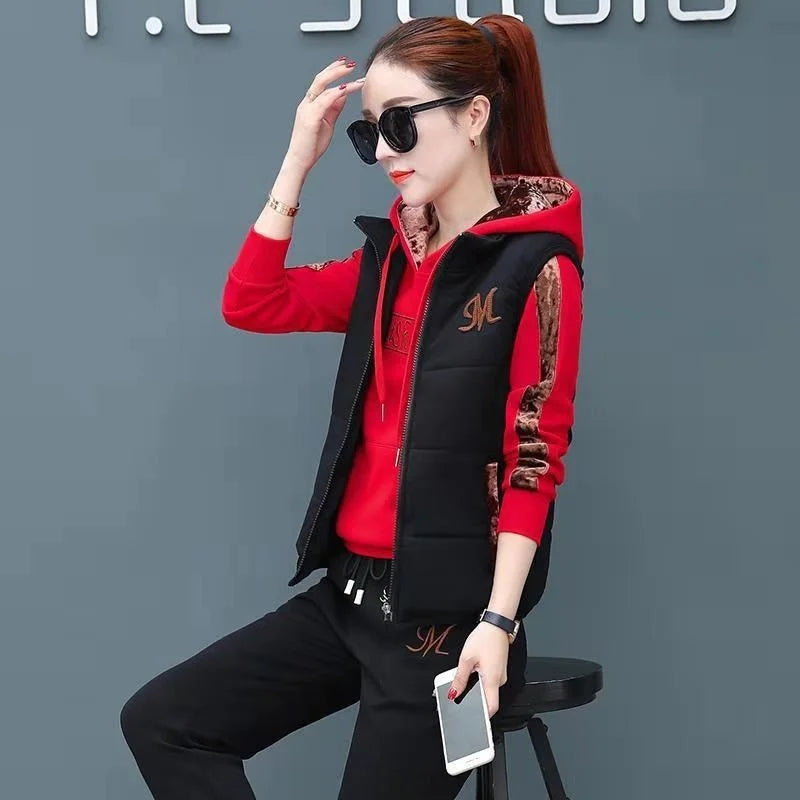 2024 Autumn Winter New Women's Casual Sweat Suit Fashion Plush Thickened Hooded Tops Waistcoat Pants 3 Three Piece Set For Women.