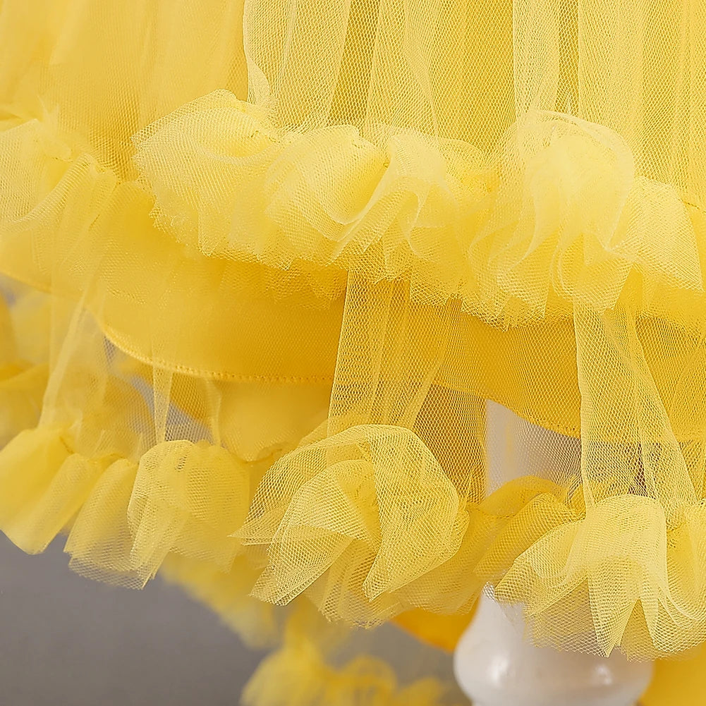 Gelbes ärmelloses Kinder leistungs kleid Bogens chwanz kleid Prinzessin kleid für 3y bis 12y Geburtstags feier kleidung.
