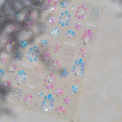 Ocean Theme 5D Nail Sticker Summer Beach Seashells Starfish Conch Scallop Shell Coral Self Adhesive Decoration Manicure Decal.