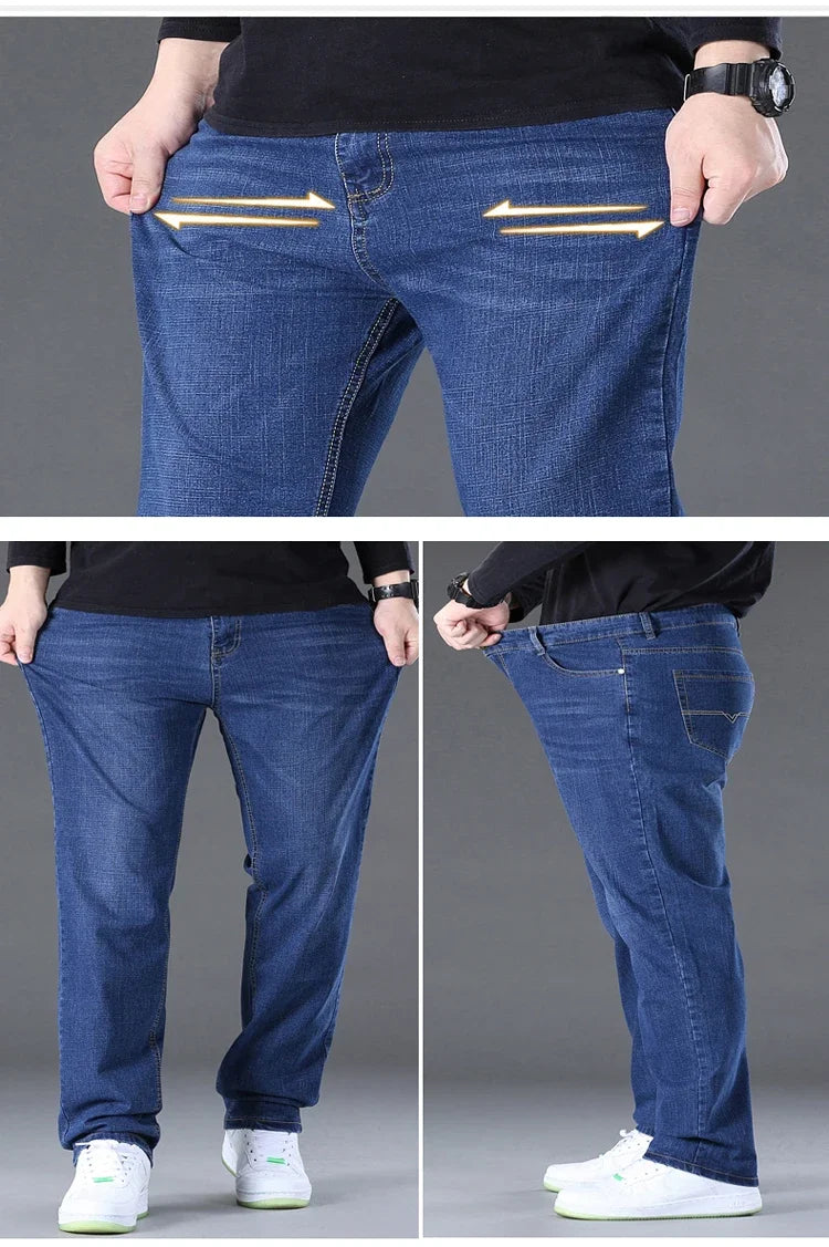 Große Größe Herren Jeans High Stretch Denim Stoff Große Größe Hosen für 45-150 kg Jeans Hombre Jeans mit weitem Bein Pantalon Homme.
