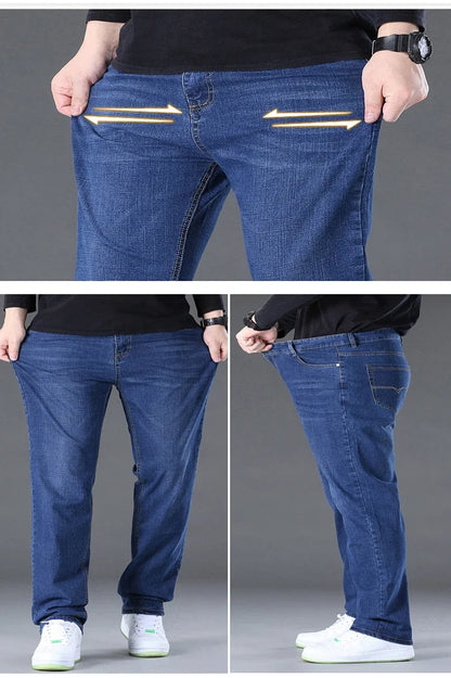 Große Größe Herren Jeans High Stretch Denim Stoff Große Größe Hosen für 45-150 kg Jeans Hombre Jeans mit weitem Bein Pantalon Homme.
