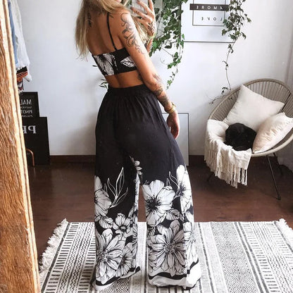 Sexy Two Piece Set Women Outfit 2025 Summer Butterfly Print V-Neck Cropped Top High Waist Drawstring Casual Wide Leg Pants Sets