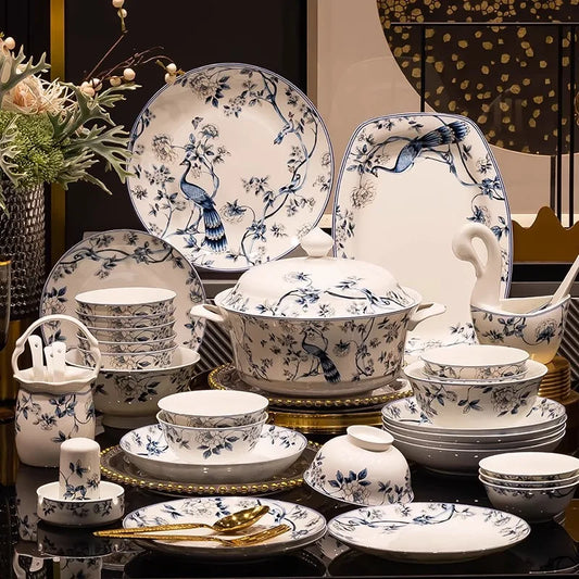 Blue Peacock Bone China Dining Plate Blue and White Kitchen Tableware Flower Ceramic Tableware Home Dining Bar Main Course Plate.