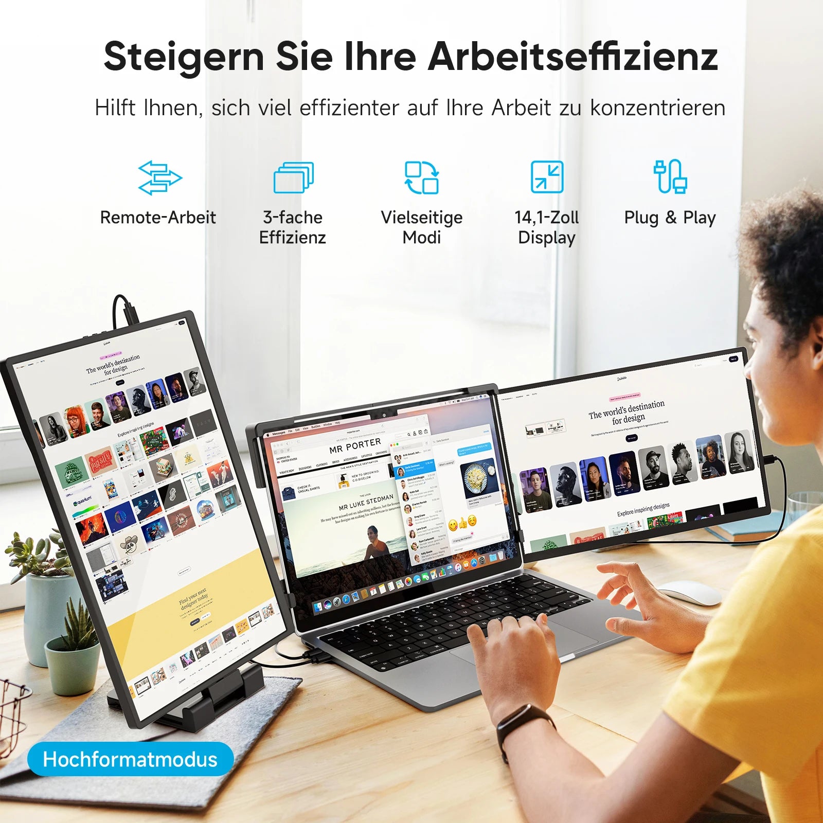 Dopesplay 14.1inch Laptops Screen Extender Triple Dual 1200P IPS Portable Monitor for Windows PC MacBook Chrome Laptop 13.3-17.3.