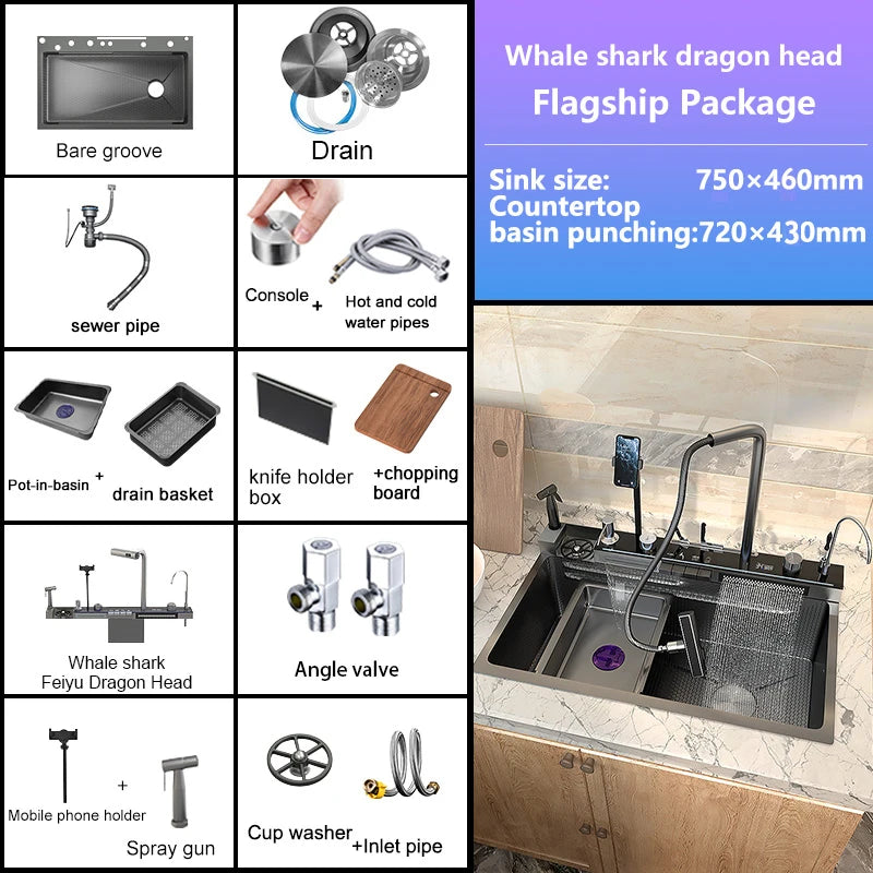 Stainless Steel Digital Kitchen Sink Large Waterfall Pull Out Faucet Honeycomb Embossed Sink Set