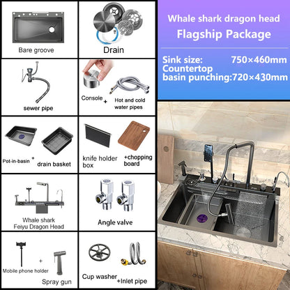 Stainless Steel Digital Kitchen Sink Large Waterfall Pull Out Faucet Honeycomb Embossed Sink Set