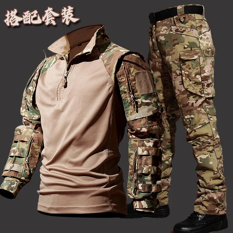 Autumn Tactical Sets Men Outdoor Breathable Short Sleeve Tshirt+Waterproof Straight Pant 2 Pcs Suits Camo Multi-pocket Cargo Set.