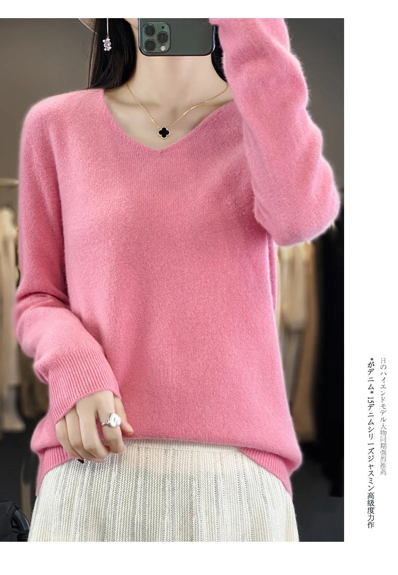 Women 100% Merino Wool Sweater V-Neck Basic Pullover Autumn Winter Cashmere Clothing Long Sleeve Soft Knitwear Tops Solid Color.