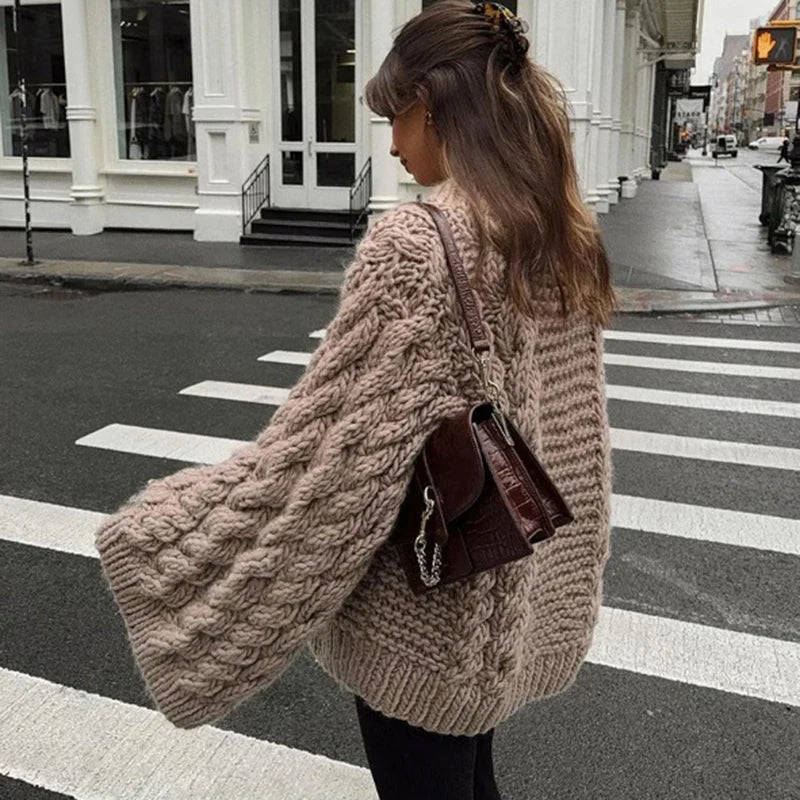 Oversize Stricken Pullover Frauen Casual Faul Rundhals Knick Solide Pullover Weibliche Herbst Winter Lose Ärmeln Strickwaren Dame.