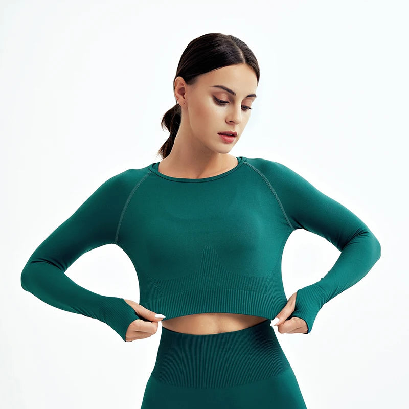 Women's Shirt Seamless Crop Top Fitness Shirts Long Sleeve Sports Top Woman Yoga Tops Activewear With Thumb Hole Sportswear.