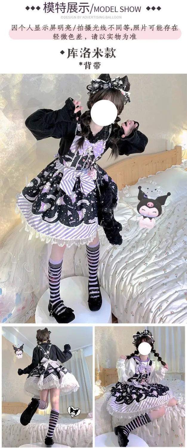 Anime My Melody Lolita Kleid Cinnamoroll Prinzessin Kleid Kuromi Süßer süßer Druck Schleife Spitze Party Trägerkleid Kawaii Academy Kleid.