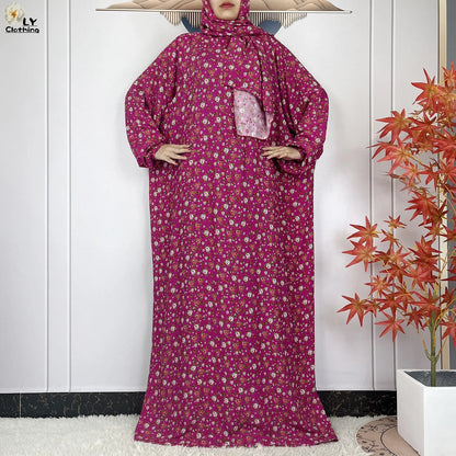New Muslim Long Sleeved Cotton For Women Ramadan Prayer Turkey Middle East Femme Robe Floral Loose African Abaya Dress Scarfs.