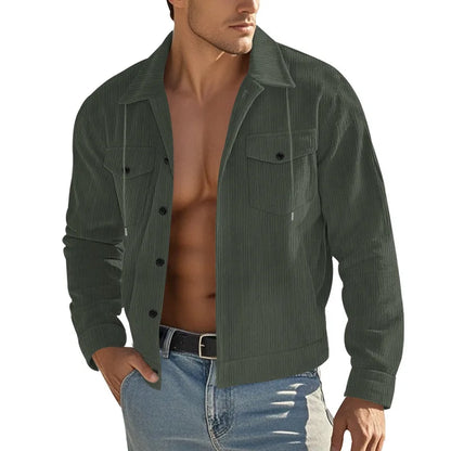 Men's Corduroy Jacket Stand-up Collar Slim Fit Retro Multi-pocket Workwear Commuter Coat for Spring And Autumn