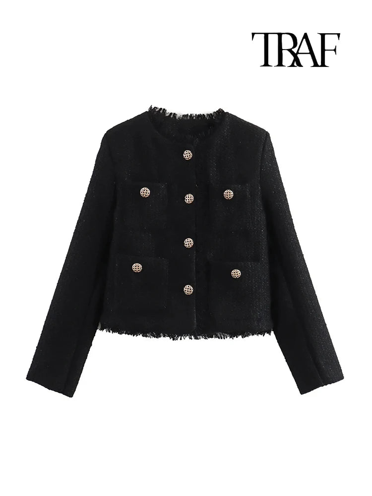 Women's Autumn and Winter Long Sleeve Short Jacket Fashion Solid Colour Front Pocket Button Jacket Elegant Casual Jacket