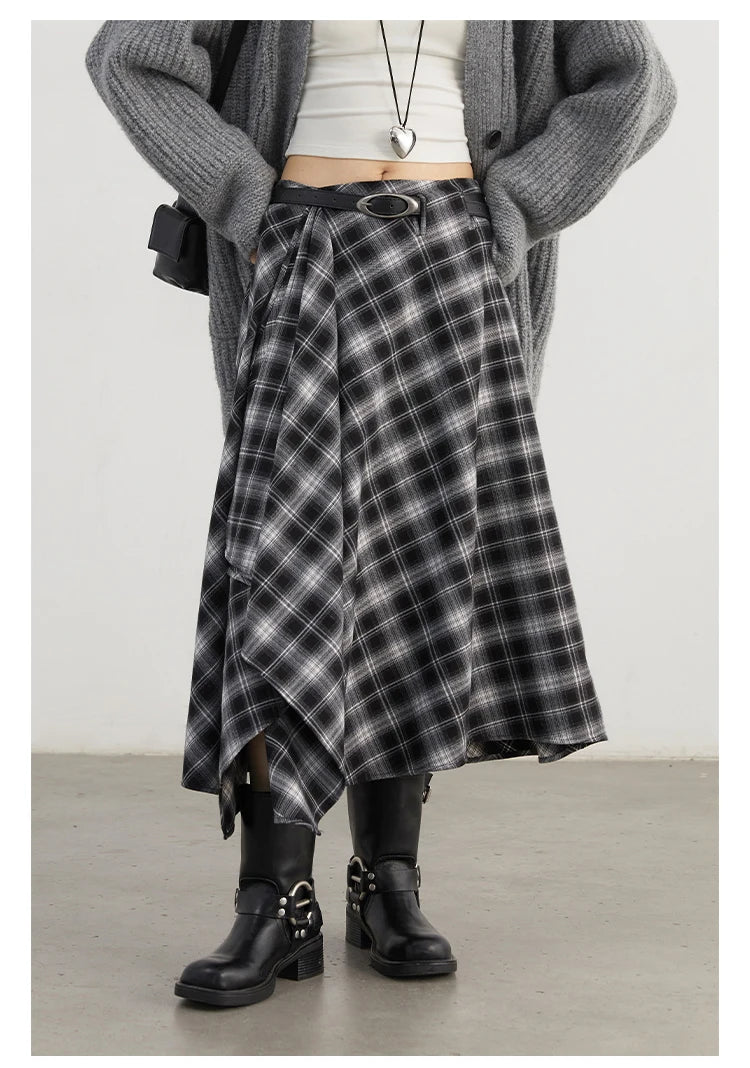CHIC VEN Women Skirts A Line Retro Loose High Waist Irregular Color Plaid Frosted Half Body Long Ladies Skirt Winter 2025