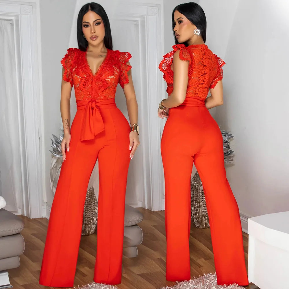 Summer Fashion Lace High Waisted Jumpsuit Women Elegant OL Lace Sleeveless Waistband Straight Jumpsuit Women.