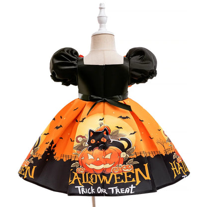Kleinkind Halloween Kostüm Mädchen Cosplay Hexe Kürbis Skelett Druck Bowknot Kleid Kinder Festival Party Performance Kleidung.