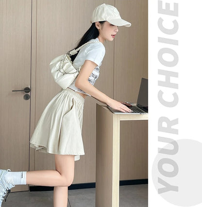 Women Quick Dry Sporty Short Pants Summer Thin Pleated Shorts Skirts High Waist A- Line Five Quarter Pants Cool Wide Leg Pants.