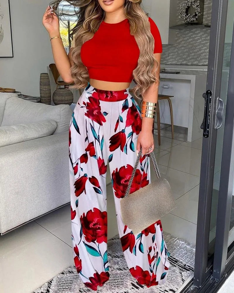 New Women's Sexy Ultra Short Top Set Summer Fashion Printed Corset Waist Long Pants Slim Elegant Female Casual Pants 2 Piece Set.