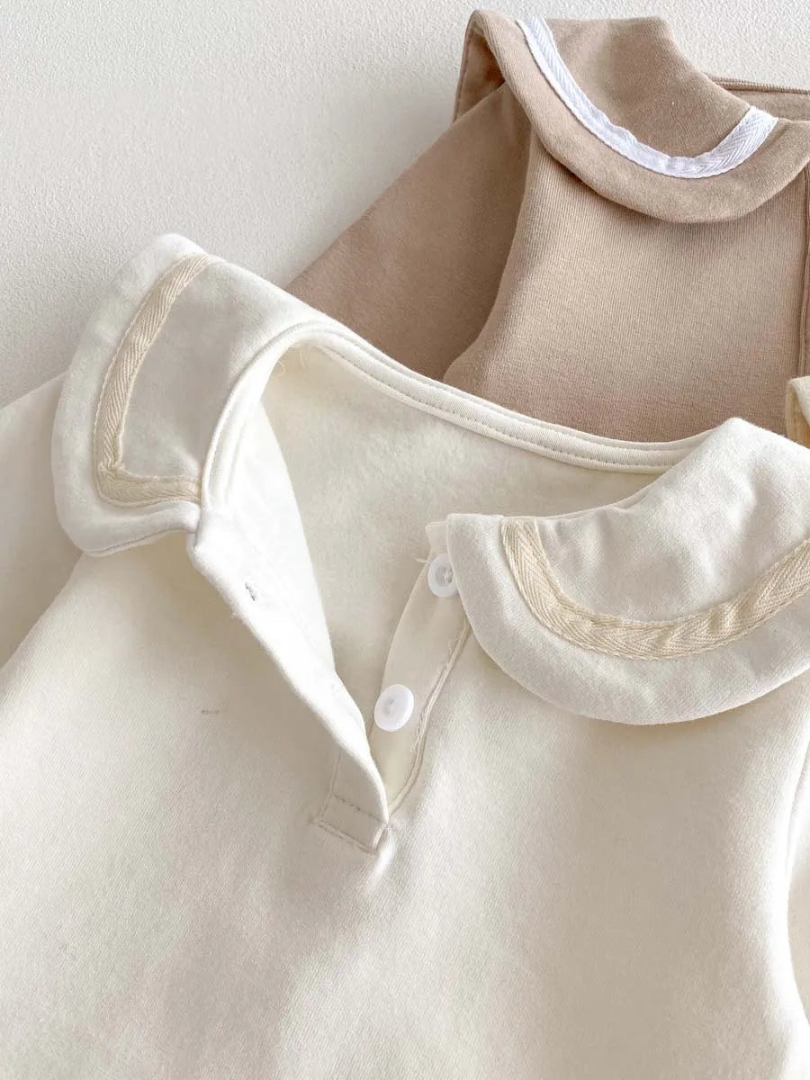 2025, Herbst und Winter, neu für Kinder, Babys, Jungen und Mädchen, Peter-Pan-Kragen-Outfits, Kleinkinder-Overalls, Samt-Bodys, warm halten.