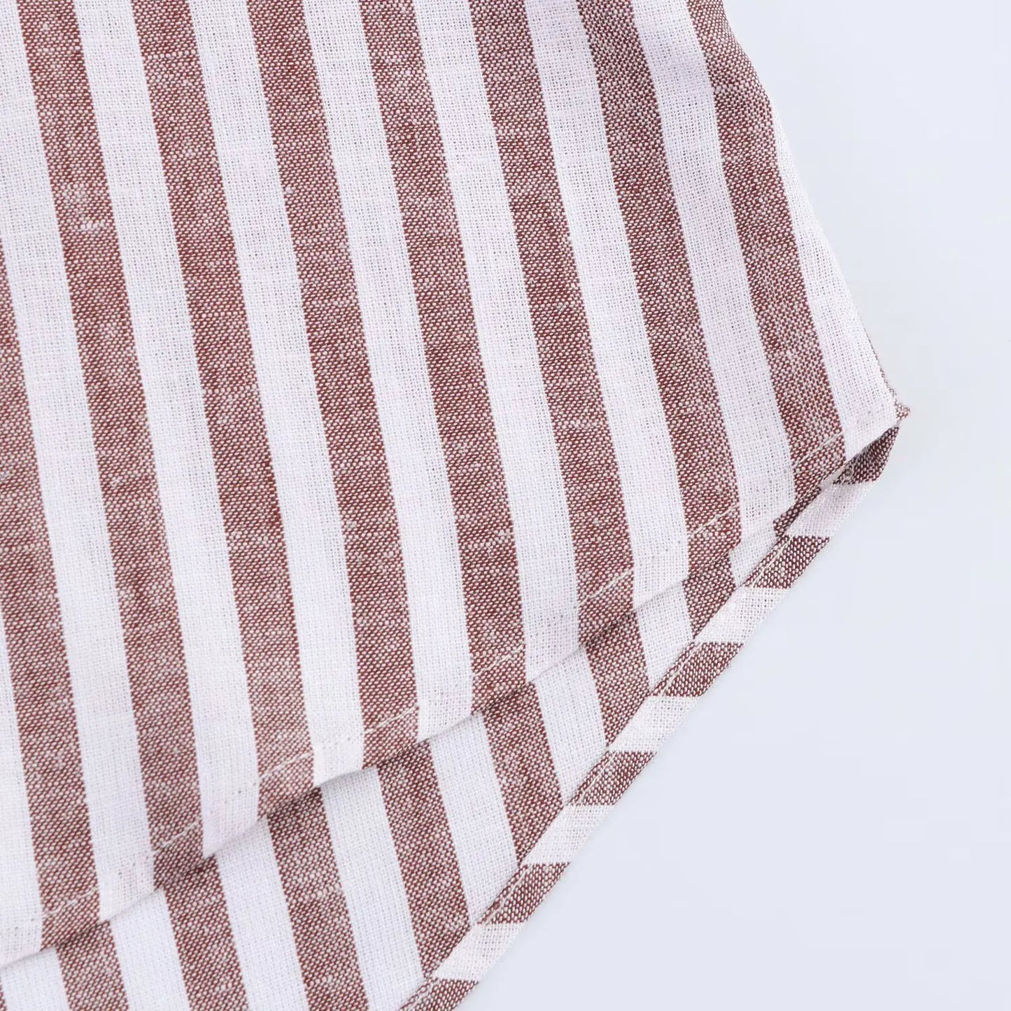 Summer Women's Curled Wide Sleeves Linen Blended Striped Asymmetric Casual Shirt Versatile Collar Linen Blended Printed Shirt.