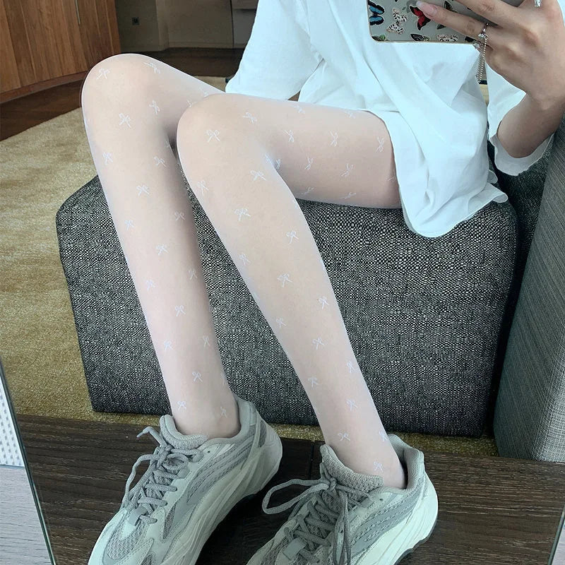 Black Polka Dot Butterfly Knot Tights Ultra Thin Women's Stockings Prevent Snagging Sexy Silk Pantyhose Spring Summer