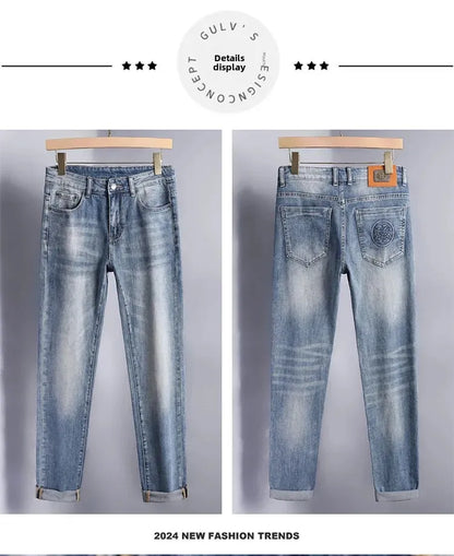 2024 Men's Fashionable Simple Stretch Slim Fit Denim Trousers European Style High Quality Casual Export Men Pants