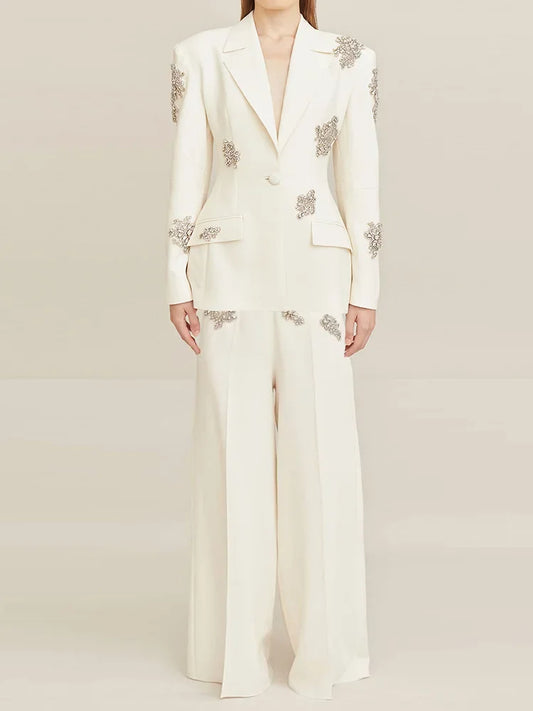 HIGH QUALITY Newest 2025 Designer Suit Women  Beaded Diamonds Single Button Suit Blazer Wide-leg Pants Set 2PCS.