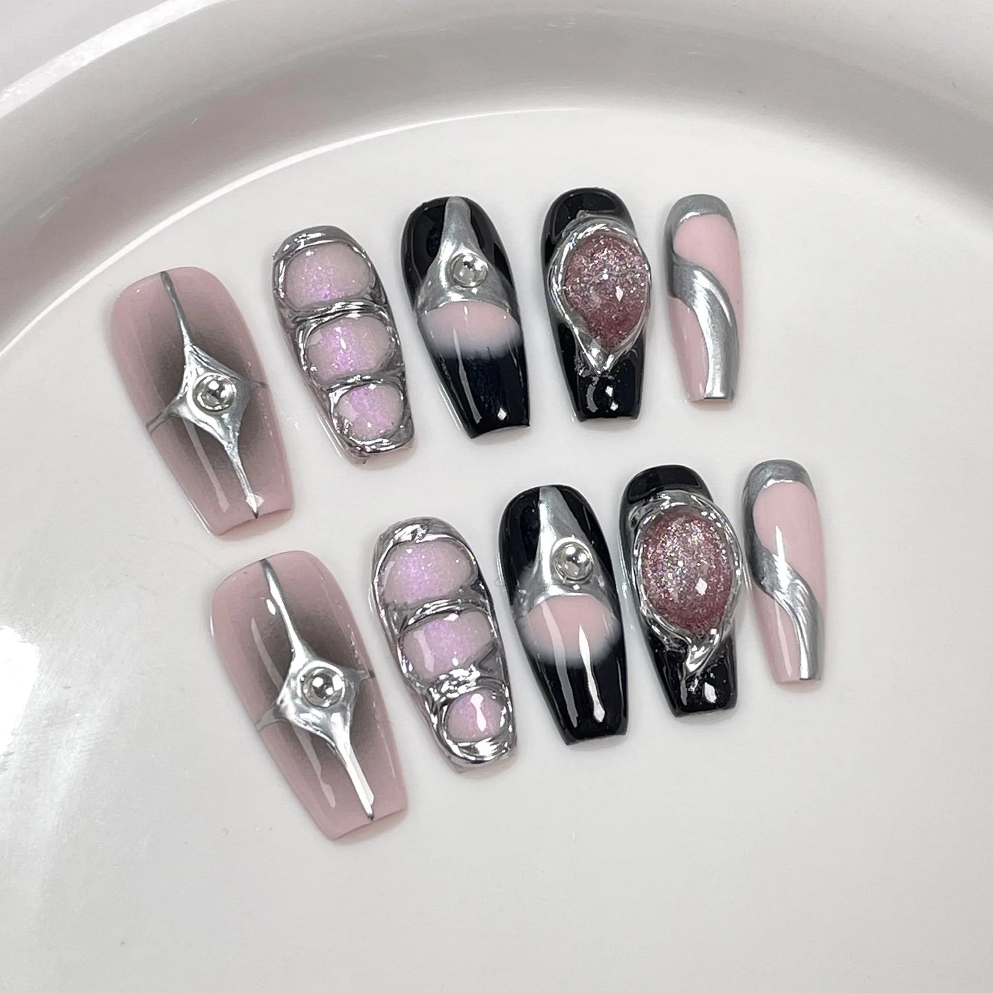 10pcs Black Press on Nails Medium Coffin Sliver Swirl Y2k Fake Nails with Glue Acrylic False Nails Press Ons Full Cover Nail Tip.