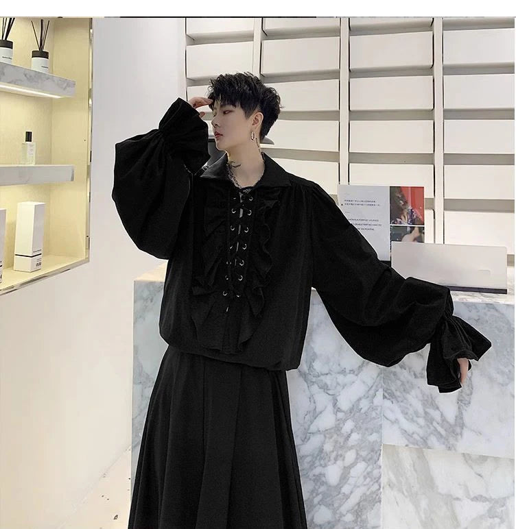 Pirate Shirt for Men Vintage Gothic Renaissance Style Frilled Lace-Up Medieval Buccaneer Blouse Top for All Seasons