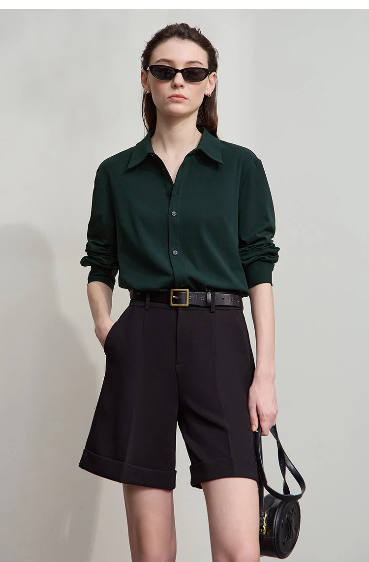 AMII Office Lady Shirt 2025 Autumn New Minimalism thick Long Sleeves Blouse Elastic Cotton Lapel Women's Clothing 12553079.