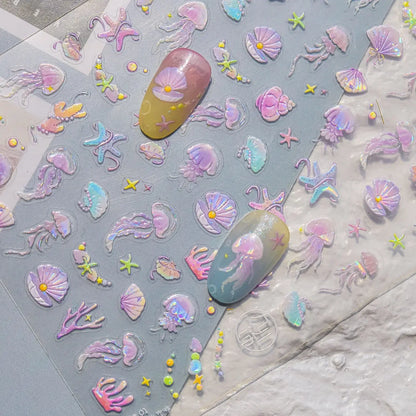 Ocean Theme 5D Nail Sticker Summer Beach Seashells Starfish Conch Scallop Shell Coral Self Adhesive Decoration Manicure Decal