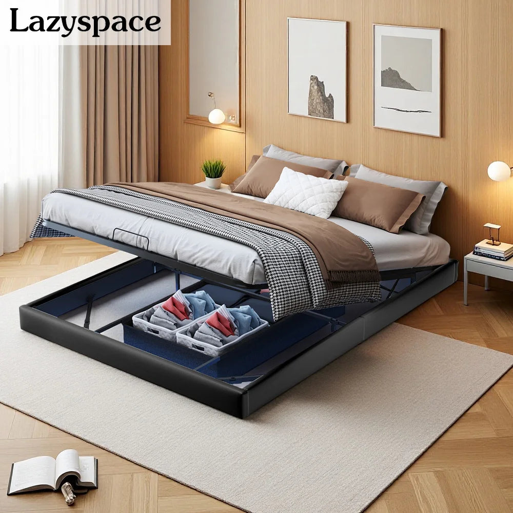 Lazyspace 160 x 200 cm großes Doppelbett mit Stauraum, schwebendes Bett ohne Kopfteil, Unterbett mit LED-Leuchten, schwarzes PU, ohne Matratze