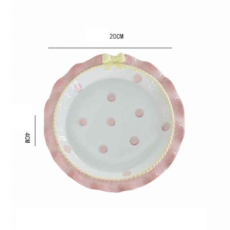 Cartoon Pink Ceramic Dinner Plate with Bow Knot, Household Dish, High Temperature Resistant, Deep Dish, Kitchen Tableware Set.