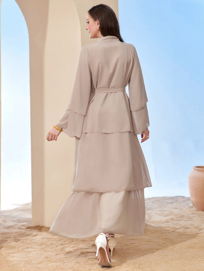 Ramadan kebaya Layered Open Front Abaya, Long Sleeve Dress With Belted , Without Hijab, Women's Clothing.