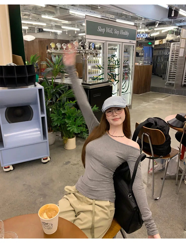 1pcs Spring Autumn Fashion Skew Collar Off-shoulder Long-sleeved T-shirts Women New Solid Slim Fit Sexy Tees Shirts Student Tops.