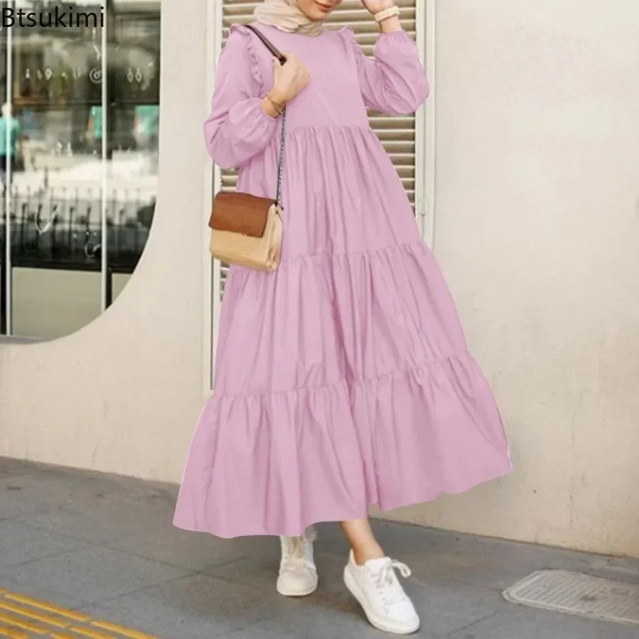 2025 Vintage Solid Muslim Dresses Women Dubai Abaya Islamic Maxi Dress Robe Females Elegant Sweet Party Sundress Kaftan Vestidos.