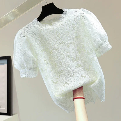 Loose Straight Korean Style Summer Top Pure Color Hooked Hollow out Ladies Lace Shirt Overhead Bubble Sleeve Women's Fashion.