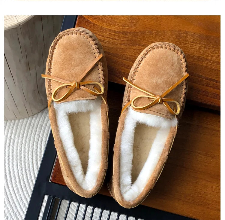 New 100% Natural Wool Genuine Leather Women Flat Winter shoes Women Moccasins Casual Loafers Plus Size Winter shoes.