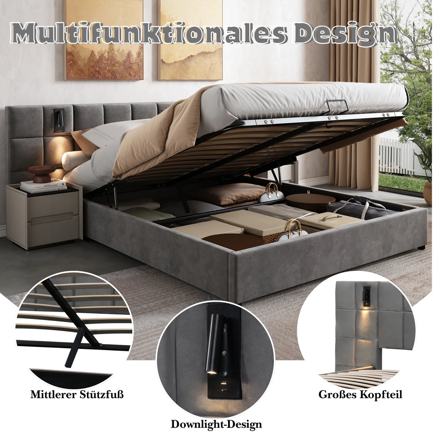 Polsterbett, hydraulisches Bett mit Stauraum, verstellbarem Licht und USB-Aufladung, breites Schaumstoffkopfteil, 180 x 200 cm, Grau