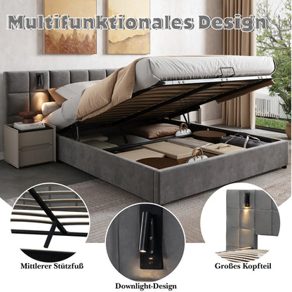 Polsterbett, hydraulisches Bett mit Stauraum, verstellbarem Licht und USB-Aufladung, breites Schaumstoffkopfteil, 180 x 200 cm, Grau