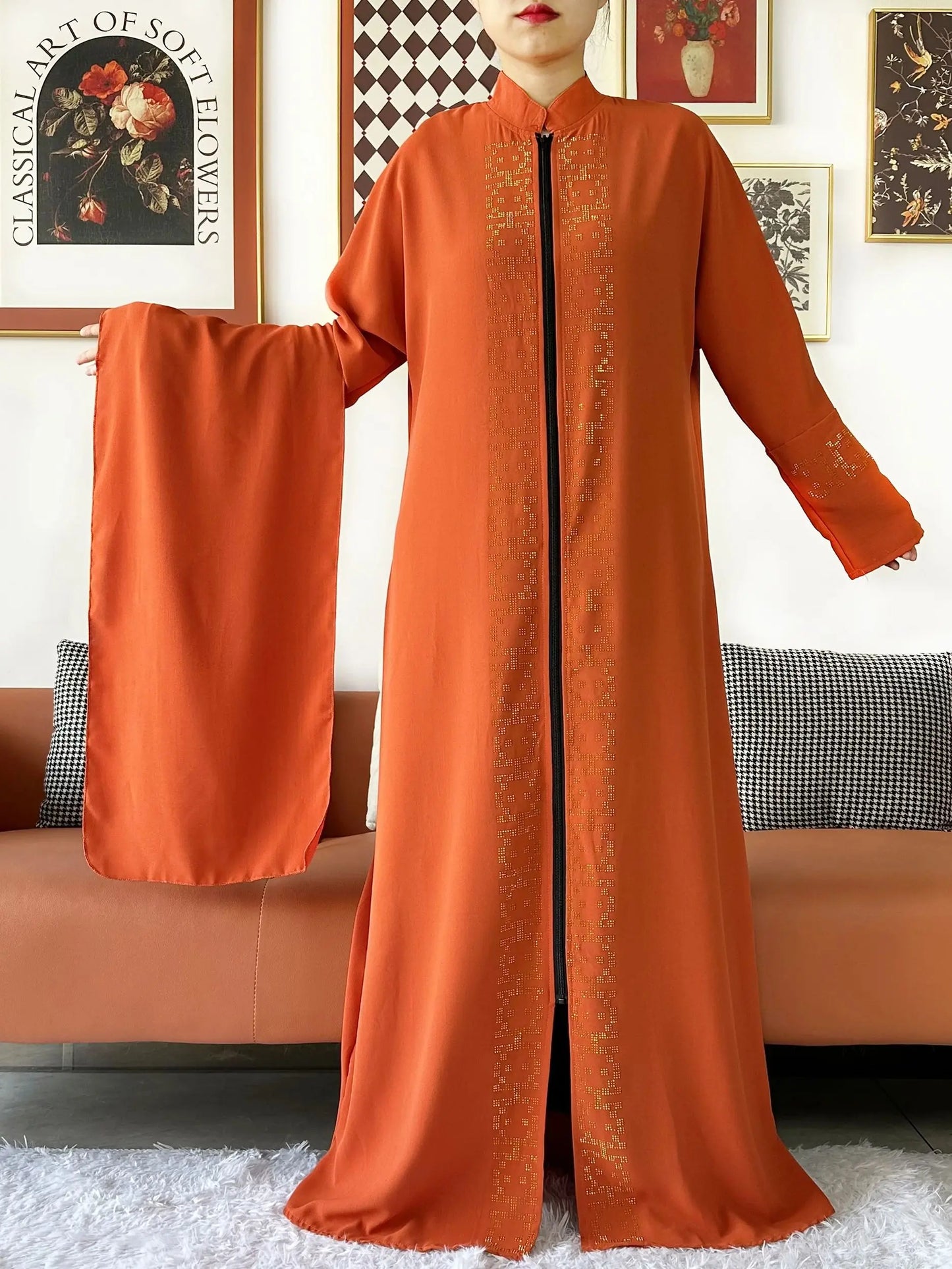 2024 Muslim Ramadan Tranditional Turtleneck Long Sleeve Dress Women Cardigan Open Abaya Dubai Caftan Islamic Kimono Clothes.