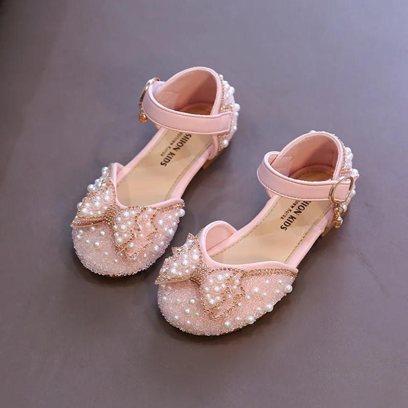 Girls Party Shoes Elegant Rhinestone Fashion Children's Leather Shoes Versatile Sweet Kids Princess Wedding Dress Flats Sandals.