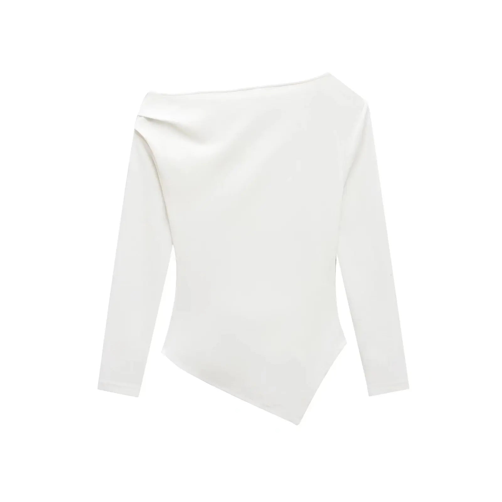 HH Spring Woman Fashion Pleated Decoration Casual Slim Elasticity Top Women Solid 5-Color Asymmetrical Slant Collar Tops.