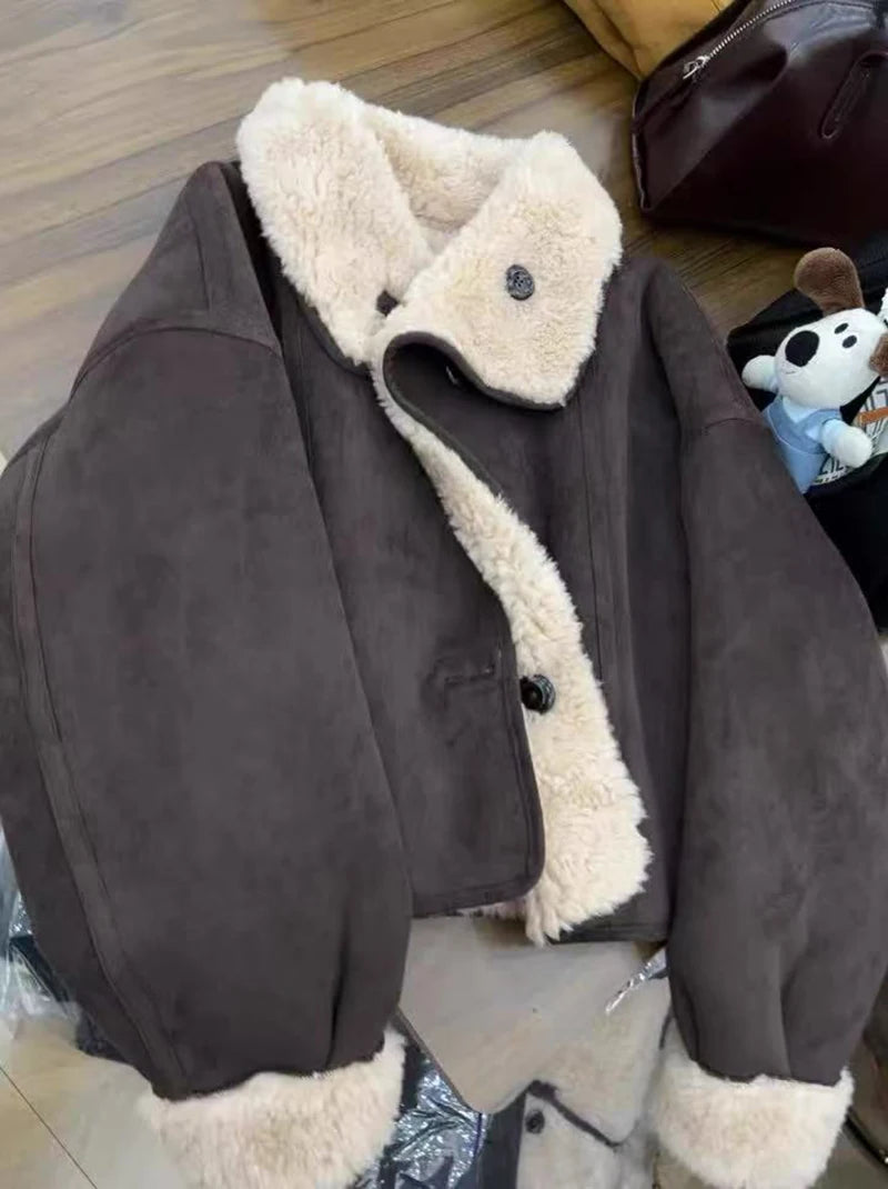 Dicke Lamm Warme Jacke für Frauen Winter Mode Doppelseitige Tragen Warme Pelz Mäntel Bf Koreanische Lose Einreiher Revers outwear.