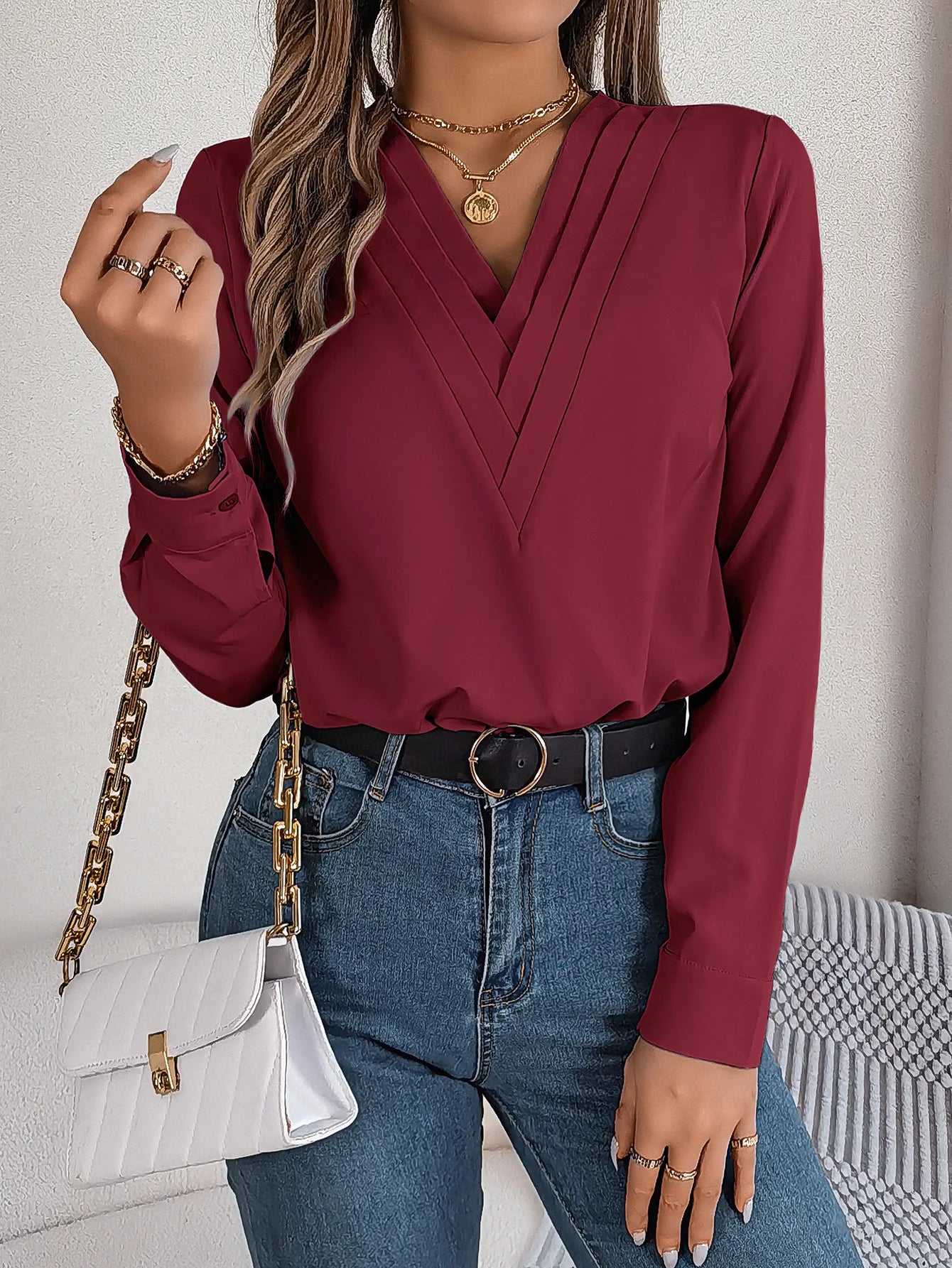 Summer And Autumn Women's Casual Shirt, Commuting Style Solid Color V-neck Long Sleeve Shirt Top